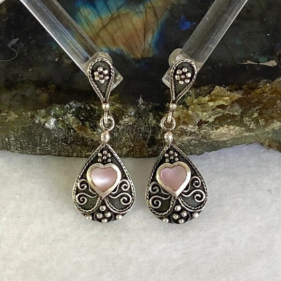 Sterling Silver 925 BOMA MOP Mother Of Pearl Oxidized Scrollwork Dangle Earrings - Picture 12 of 16